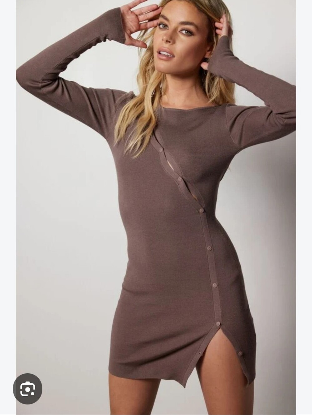 Dynamite Taupe Ribbed Knit Asymmetric Button Long Sleeve Bodycon Dress Small